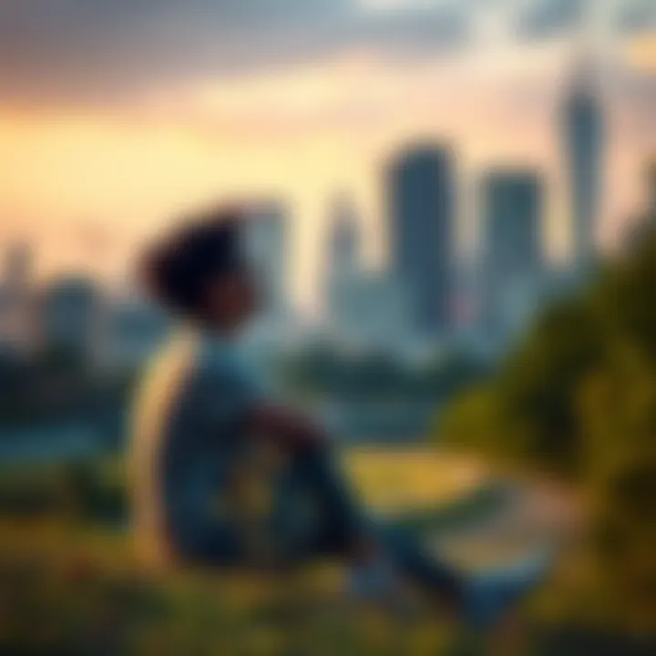 A person sitting peacefully in a park, enjoying nature while looking relaxed despite the busy city in the background, symbolizing calmness over pessimism.