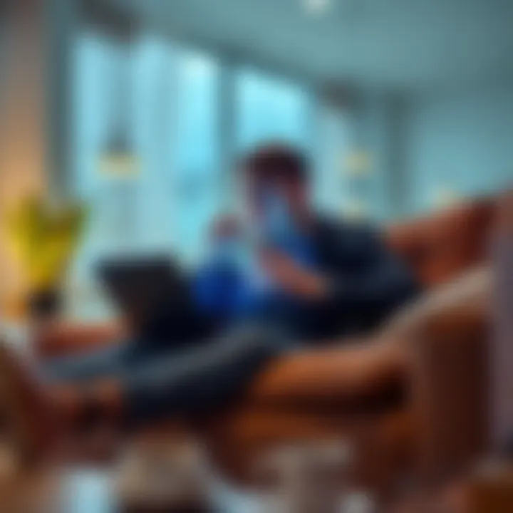 A person sitting comfortably with a laptop, casually checking investment notifications while sipping coffee, symbolizing a calm approach to investing.