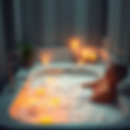 A person enjoying a warm bath with candles and bubbles, creating a soothing atmosphere.