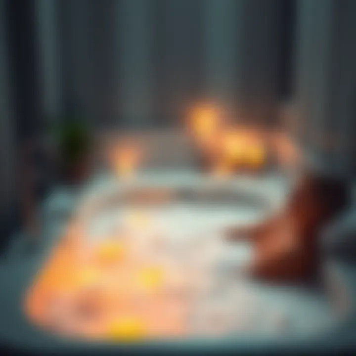 A person enjoying a warm bath with candles and bubbles, creating a soothing atmosphere.