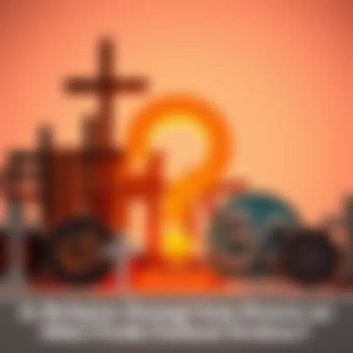 A collection of religious symbols including a cross, crescent, and om sign, accompanied by a large question mark to symbolize the debate over faith and evidence.
