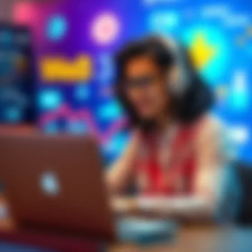 A young professional working on a laptop, with a digital marketing graphic in the background, showcasing Web3 and crypto themes.