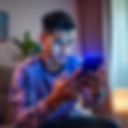 A person looking at a smartphone displaying rent boost notifications, with a concerned expression, in a cozy living room setting.