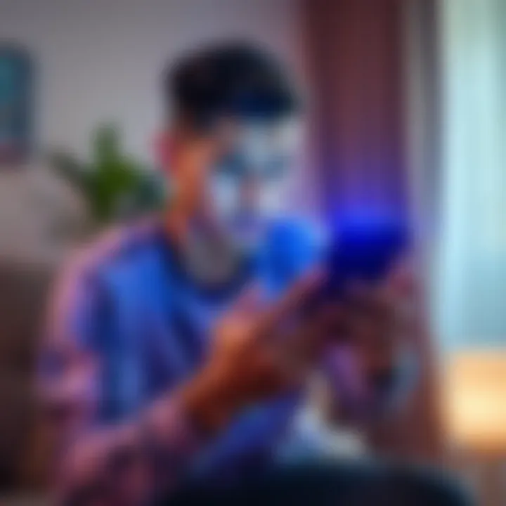 A person looking at a smartphone displaying rent boost notifications, with a concerned expression, in a cozy living room setting.