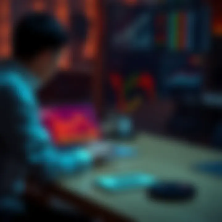 A person sitting at a desk with a laptop open, looking at cryptocurrency charts and information