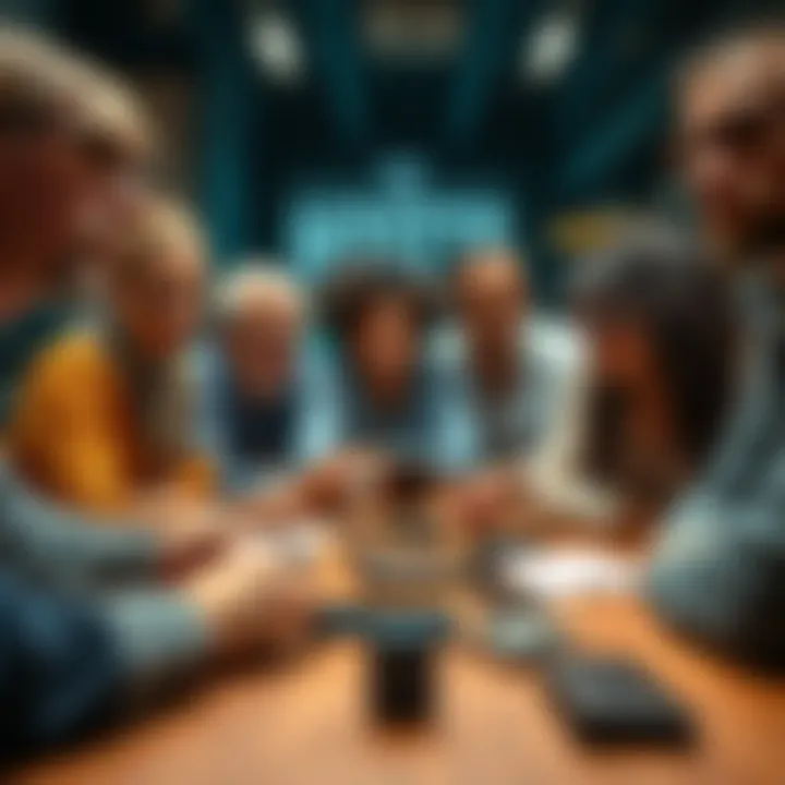 A diverse group of people discussing hardware wallets for cryptocurrency, showing respect for individual choices, with various wallet devices on the table