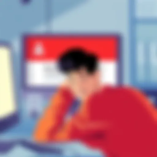 An illustration showing a frustrated person looking at a blocked account message on a computer screen, symbolizing account blocking issues.