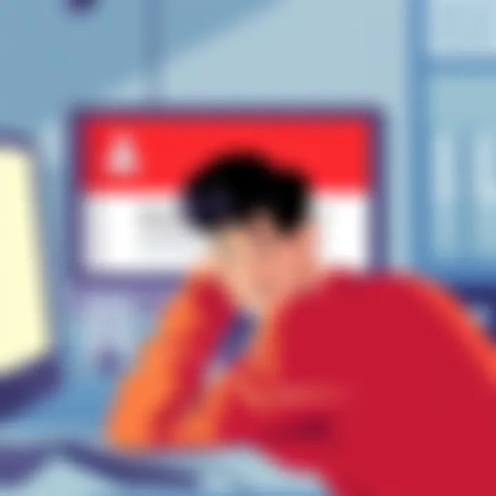 An illustration showing a frustrated person looking at a blocked account message on a computer screen, symbolizing account blocking issues.