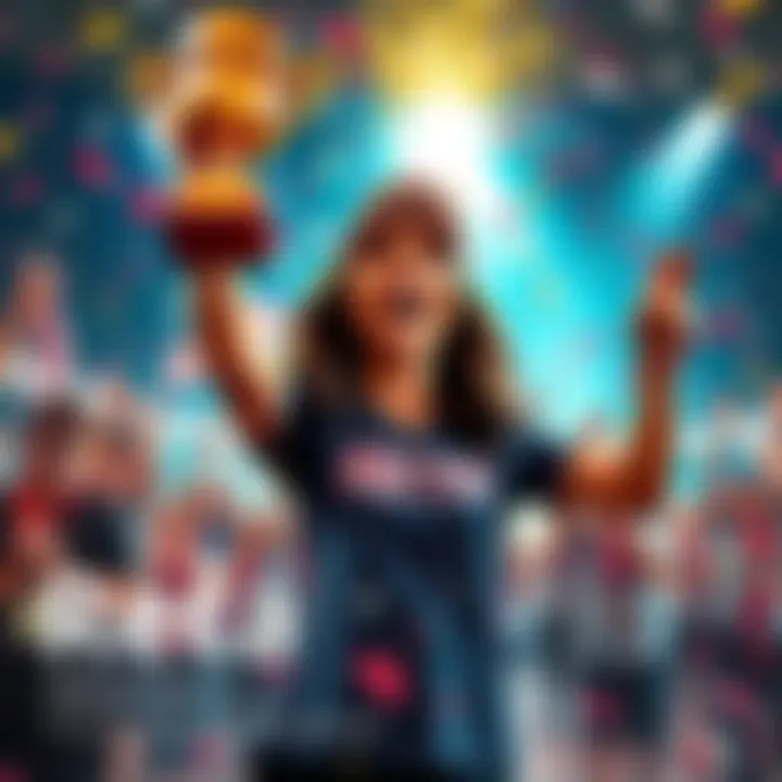 Reta holding a trophy, surrounded by cheering fans and confetti, showing excitement and triumph