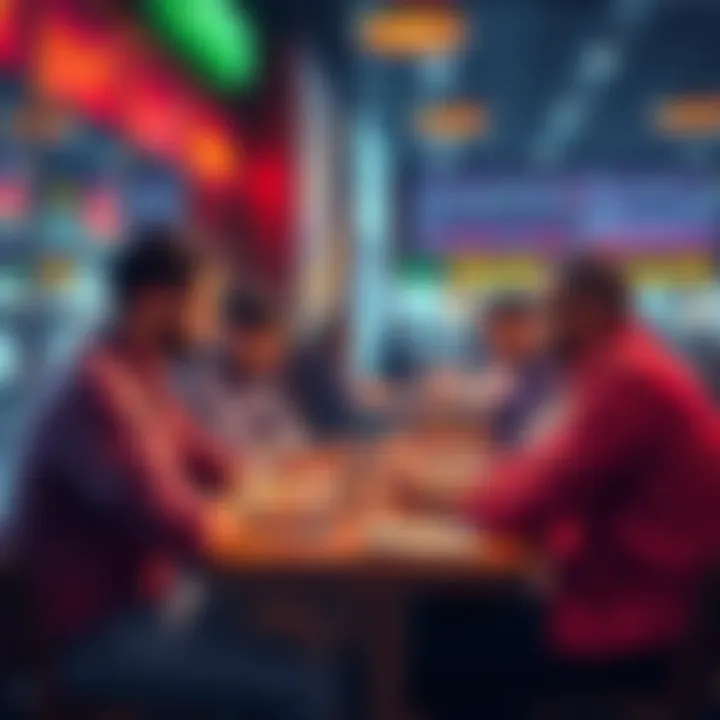 A group of people discussing cryptocurrency regulations at a cafe, with charts and graphs on their devices indicating market trends.