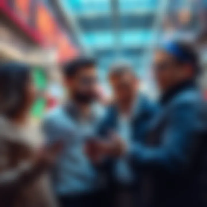 A group of retail investors looking at stock charts and discussing investment opportunities during a bear market.