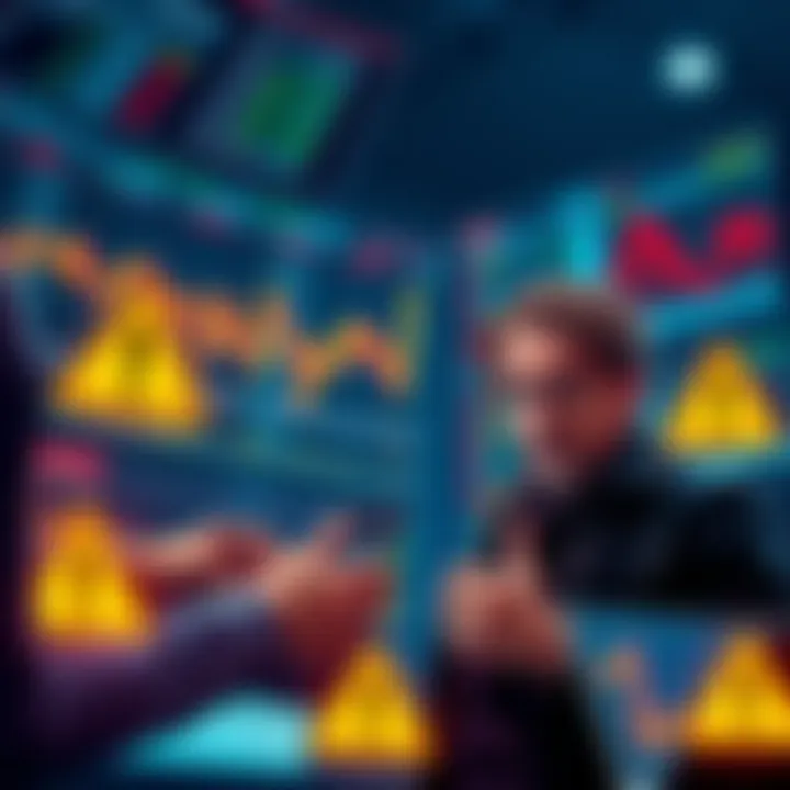 Concerned retail investors looking at stock market charts with warning signs around them.