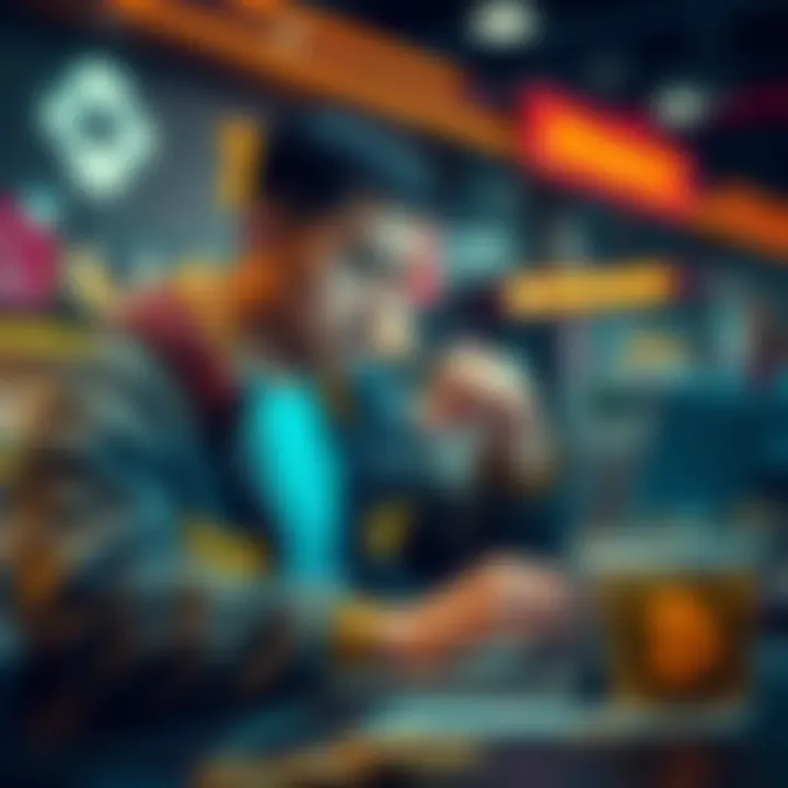 A retail worker nervously looking at a laptop screen showing Binance interface, with concern about large crypto amounts.