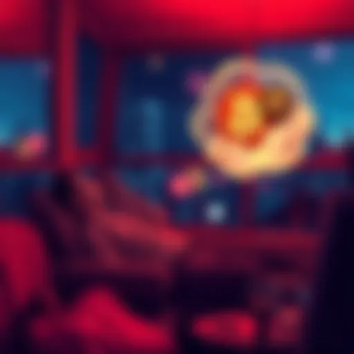 Individual relaxing with a dream bubble featuring Bitcoin, art supplies, and glassware