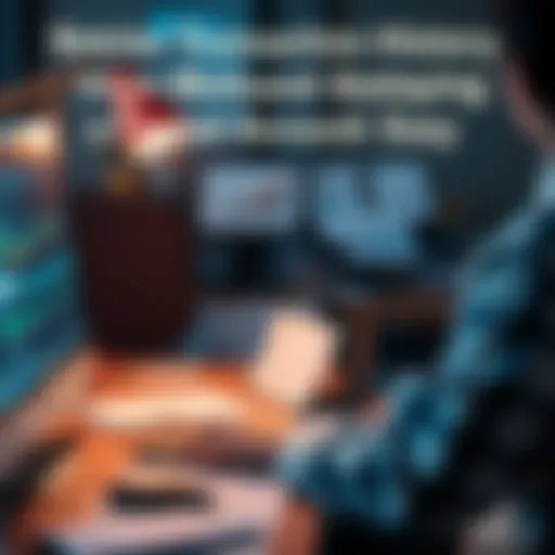 A person using a computer to access and print transaction history from a closed bank account, with visible graphs and documents on the screen.