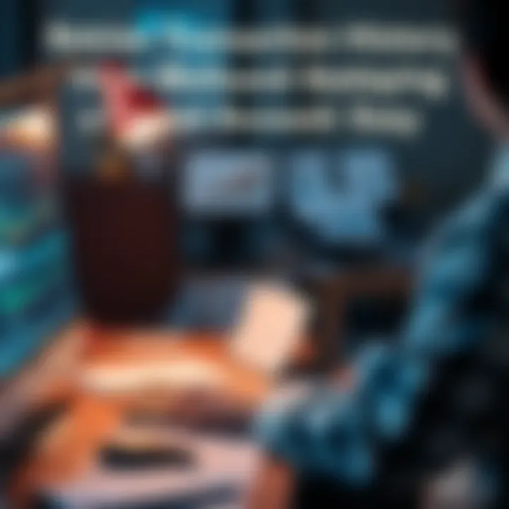 A person using a computer to access and print transaction history from a closed bank account, with visible graphs and documents on the screen.