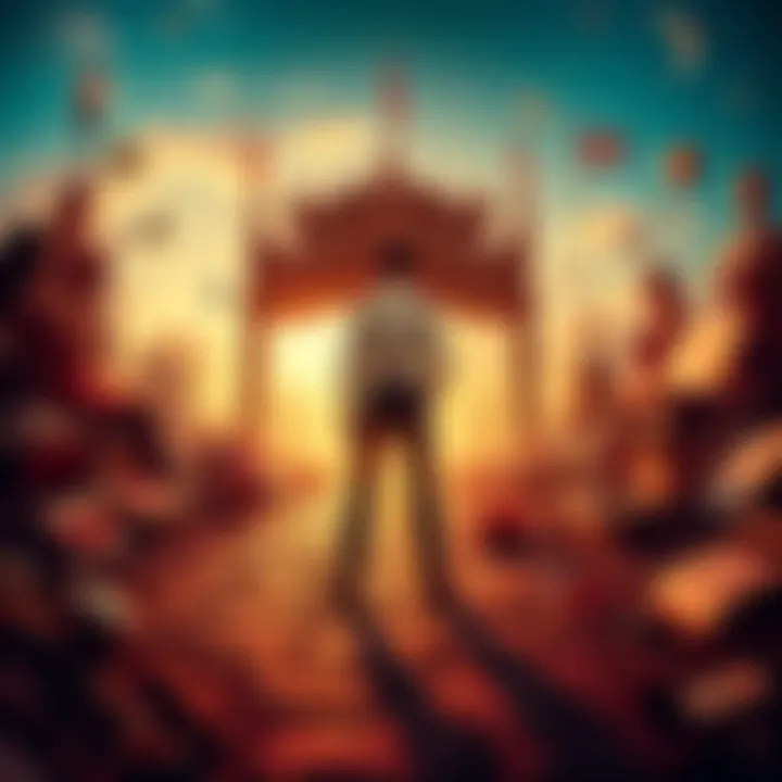 A person standing at a crossroads surrounded by memories and symbols of their past, reflecting on their life journey.