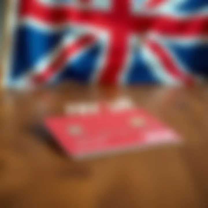 A close-up of a Revolut debit card lying on a wooden table with a UK flag in the background, symbolizing salary payments in the UK.
