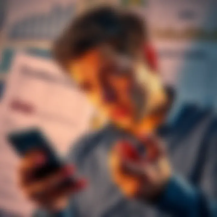 Revolut Account Closure A person looking worried while checking their banking app on a smartphone, expressing frustration over inaccessible funds after account closure, with a background of financial documents.