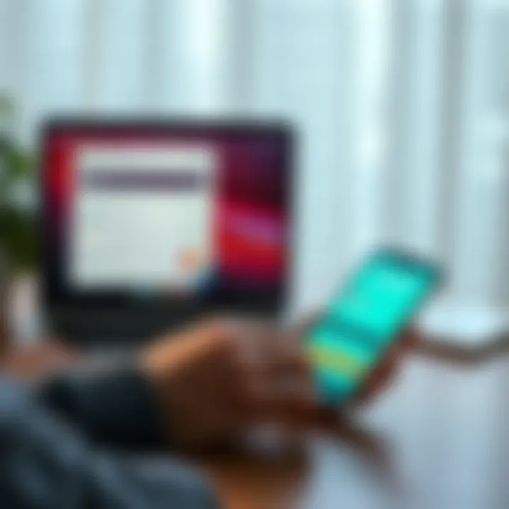 A person checking their credit score on a laptop while a Revolut app is open on a smartphone beside them.