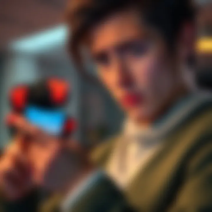 A person looking concerned while checking a Revolut app on their smartphone, with a message about account restrictions displayed on the screen.