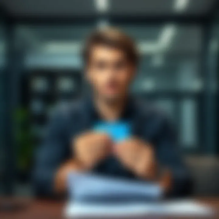 A person looking concerned while holding a Revolut card and documents in an office setting