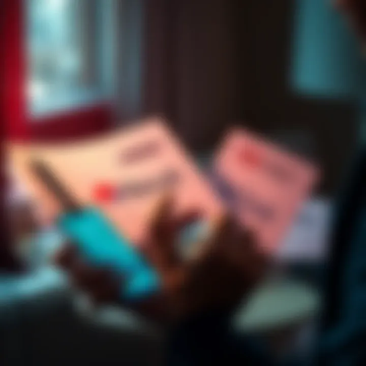 A person examining financial documents with a Revolut logo on a phone, comparing it to documents from HSBC and Wise, symbolizing banking choices.