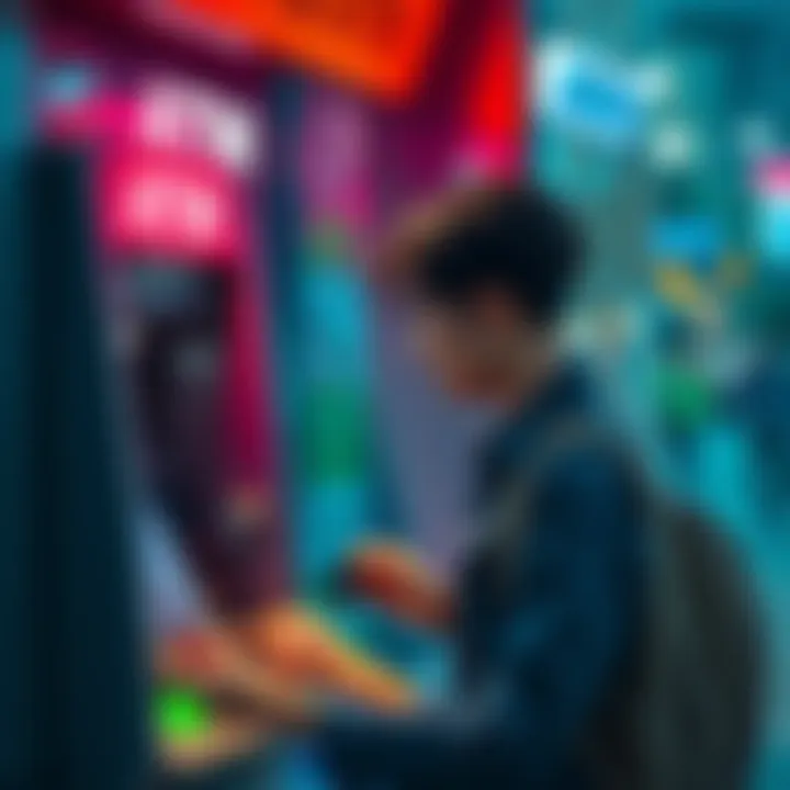 A traveler using a Revolut card at an ATM in Thailand, looking concerned about fees and exchange rates.