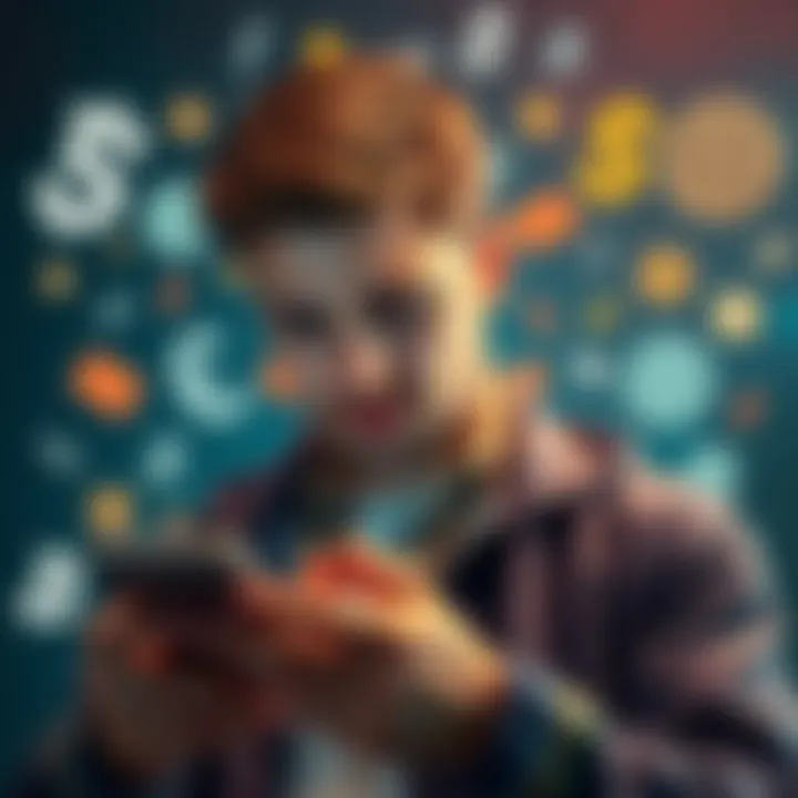 A person looking concerned while using a mobile banking app, with money-related icons in the background