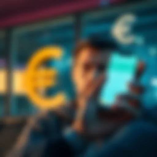 A person looking concerned while viewing currency exchange rates on a smartphone with Bulgarian lev and euro symbols in the background.