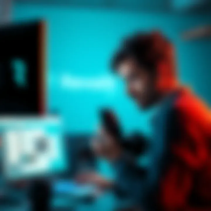 A photographer looking worried while checking their computer, with the Revolut Pro logo visible on the screen and screenshots of client conversations displayed.