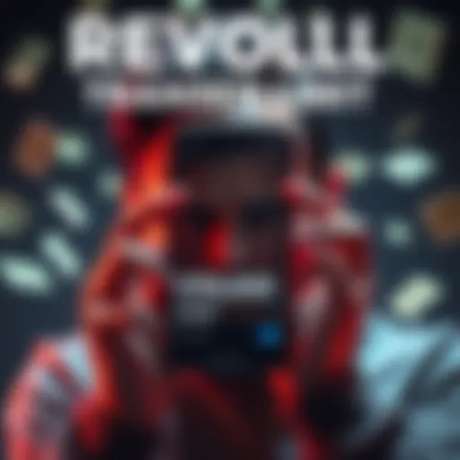 A frustrated person looking at a smartphone showing a £10,000 limit message on the Revolut app, surrounded by money symbols