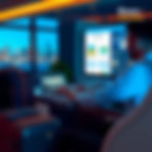 A person sitting at a desk with a laptop, looking at travel options and rewards on the screen, surrounded by travel-related items like a passport and a suitcase.