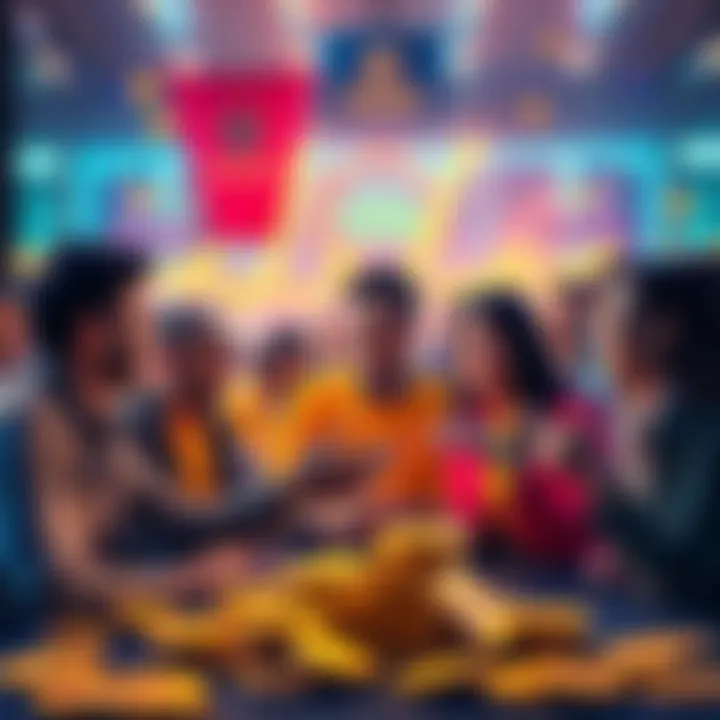 A group of people discussing reward increments in a vibrant setting with coins and happy expressions