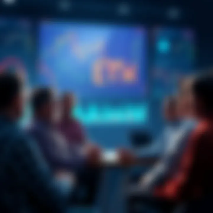 A group of people debating Richard's decision to invest in ETH, with graphs and charts displaying market trends in the background.