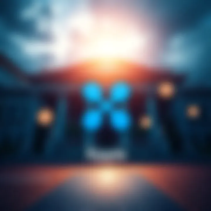 Ripple logo with a background showing a bank building and cryptocurrency symbols