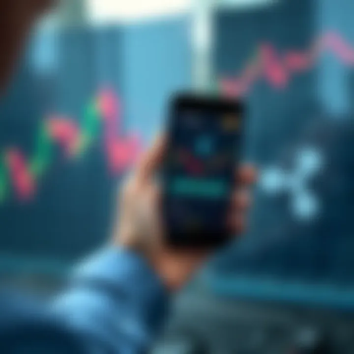 Ripple XRP Investment Decisions A person holding a smartphone displaying Ripple and XRP trading charts, contemplating investment choices with rising and falling graphs in the background.