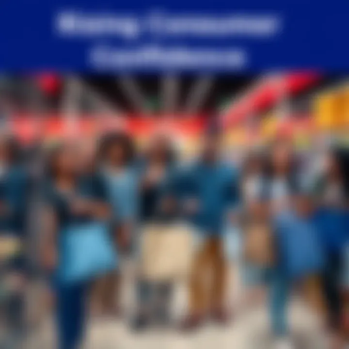 Group of diverse people shopping happily in a retail store, showcasing the surge in buying trends and market confidence.