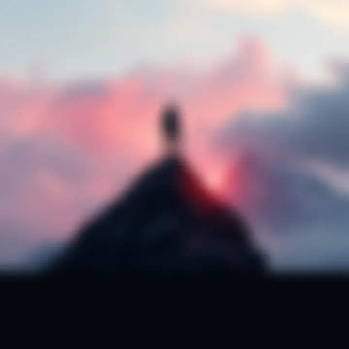 Rising from Loss A person standing strong on a mountain peak after overcoming challenges, symbolizing resilience and recovery after a market dip.