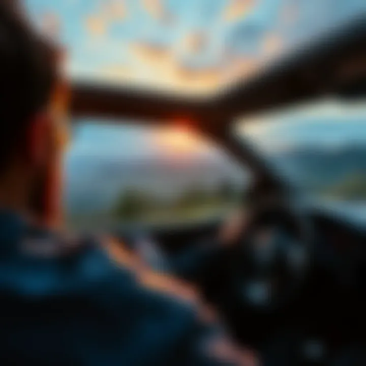 Road trip badge collection A person collecting badges while driving on a scenic road trip with a view of the countryside.