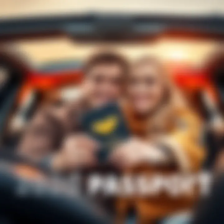 A couple smiling in front of their car, holding a new bat-themed passport, ready for a road trip before their baby arrives