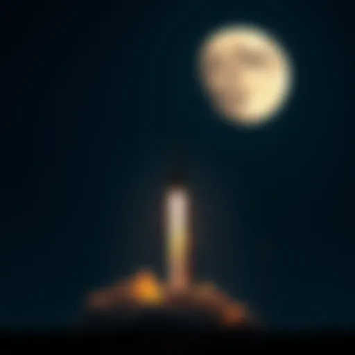 A rocket with flames at the base taking off from a launch pad, heading toward the moon in a clear night sky.