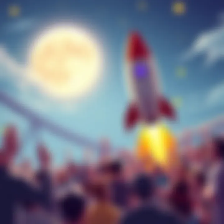 A cartoon rocket launching into the sky with people laughing and cheering below, celebrating the phrase 'To the moon'.
