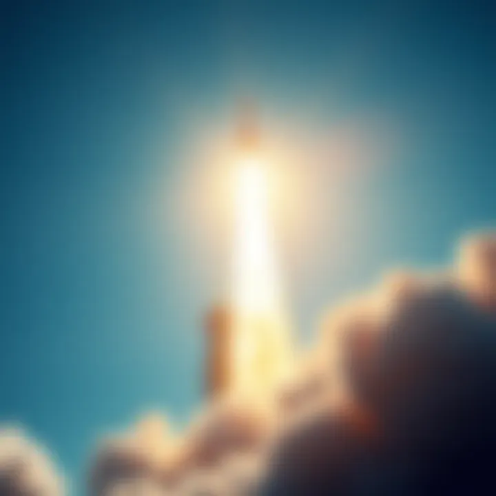 Rocket launching into space A rocket blasts off from a launchpad, with flames and smoke trailing behind as it ascends into the blue sky.
