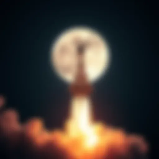 A rocket blasting off into space, heading towards the moon with a bright trail of smoke behind it.