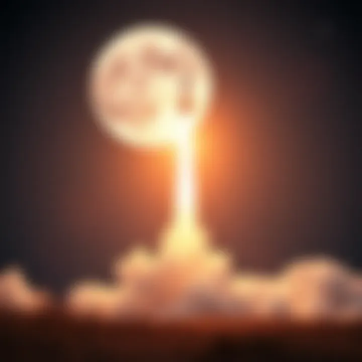 A rocket blasting off with a bright flame, heading towards the moon in a clear night sky, surrounded by stars