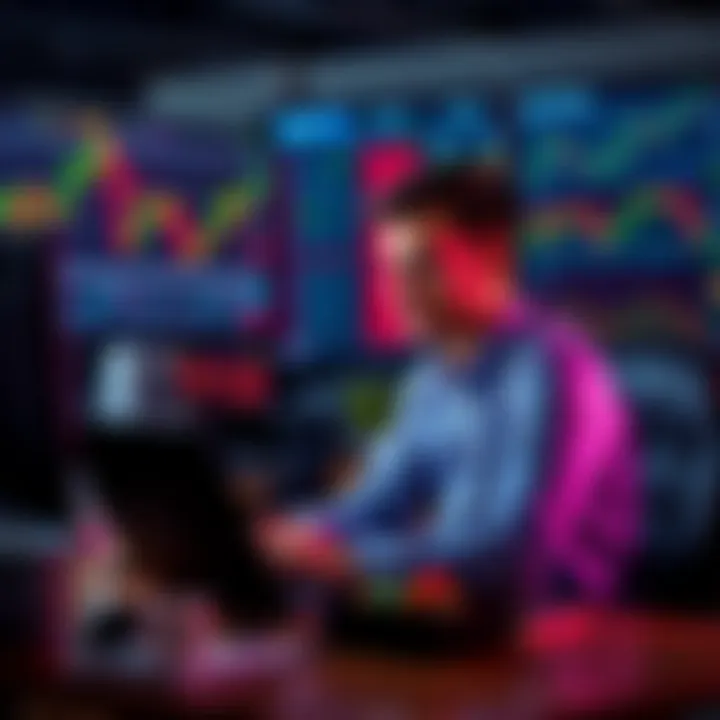 Rookie Trader Reflecting on Journey A rookie trader sitting at a desk with charts and a laptop, looking thoughtful as he reviews his trading strategy.