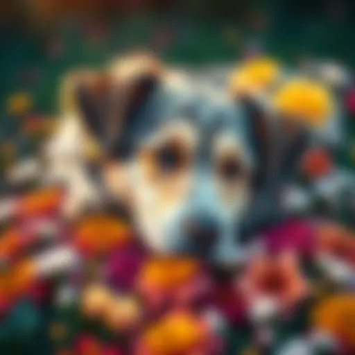 A close-up of a gentle dog surrounded by colorful flowers, symbolizing love and remembrance
