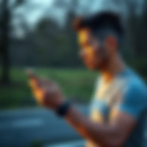 A runner using a smartphone app to track mileage and elevation while earning Bitcoin rewards