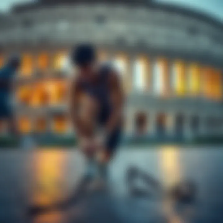 Runner preparing for Rome Marathon A runner lacing up shoes in front of the Colosseum, ready for the marathon